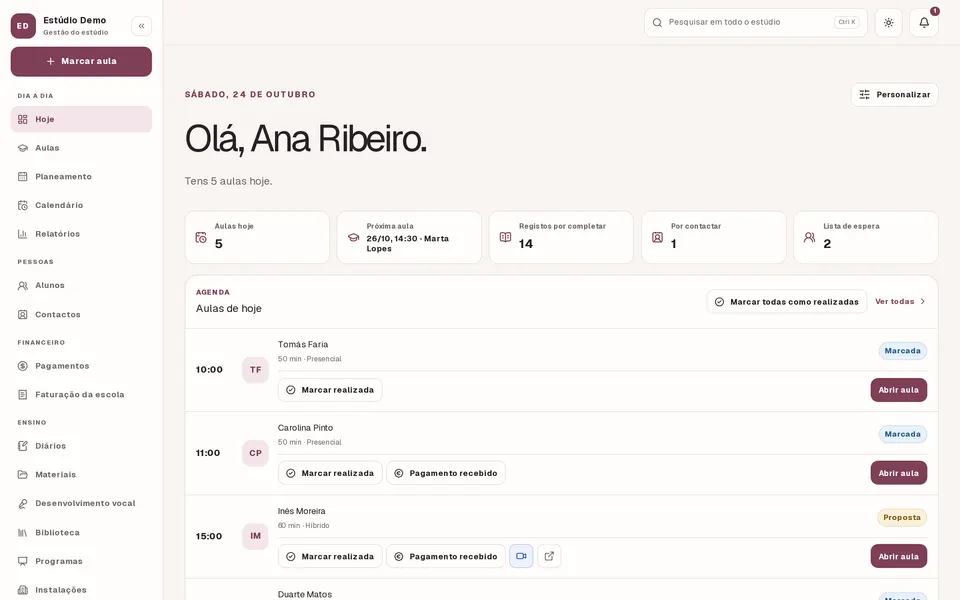 O ecrã Hoje do SingDesk: as aulas do dia, os próximos sete dias e o que precisa de atenção, numa escola de demonstração.